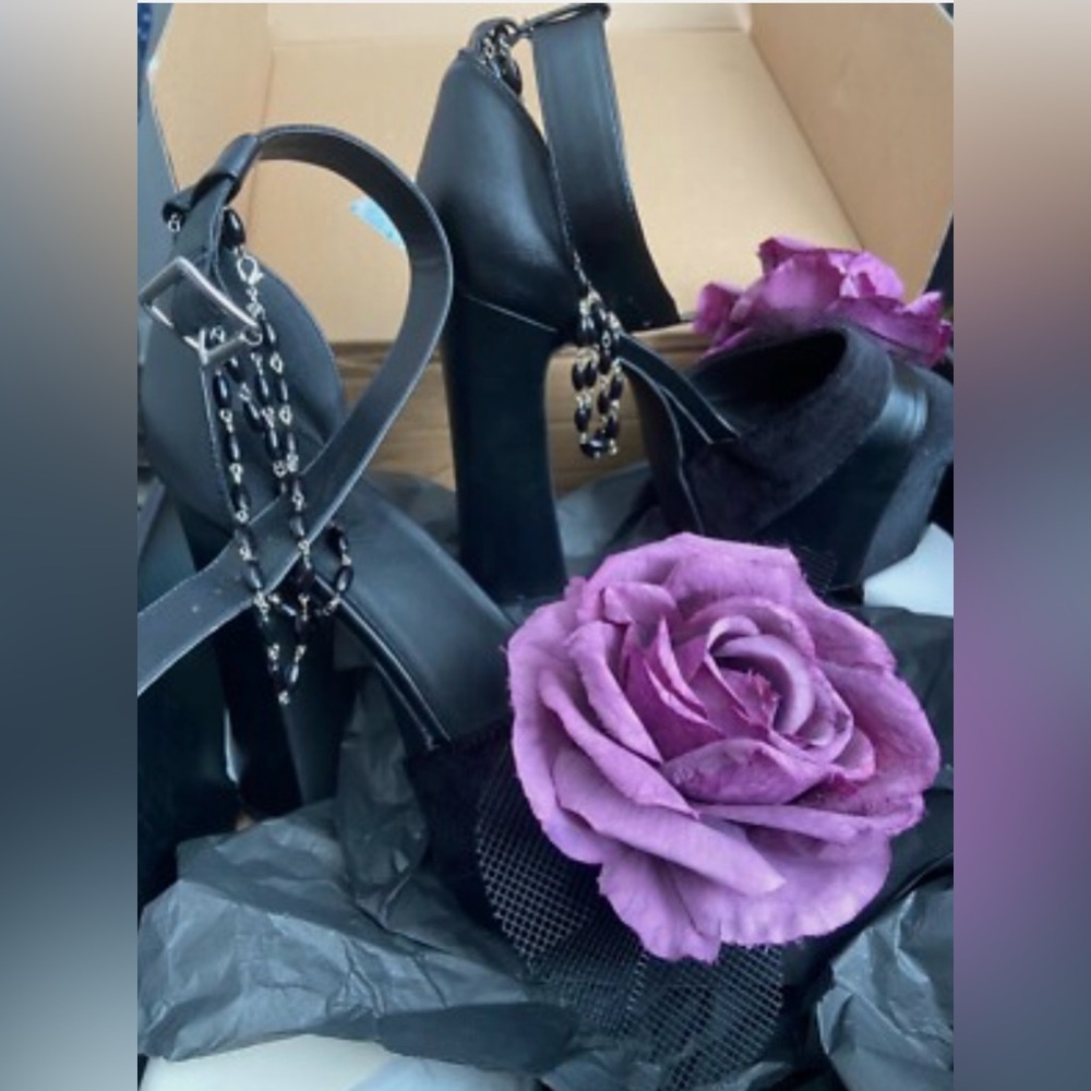Dolls Kill Black Platform Heels with Purple Rose Embellishment